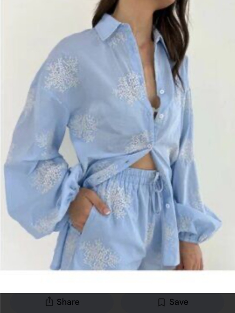 Commence XS Light Blue Embroidered Button-Down Shirt and Short Set Women